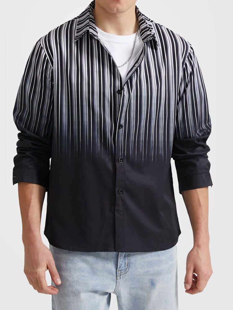 Hommes Ombre Pinstriped Patchwork Revers Col Manches Longues Chemises Décontractées