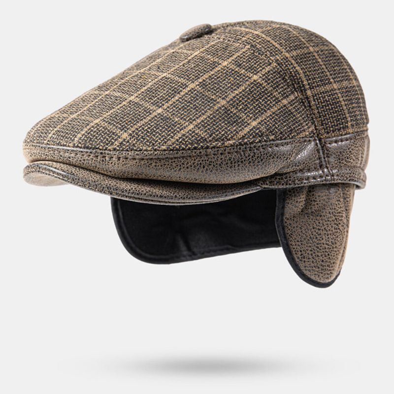 Hommes Oreillette Chapeau Coton Pu Patchwork Épaissi Intégré Protection Des Oreilles Chaleur Britannique Treillis Bérets Casquette Plate