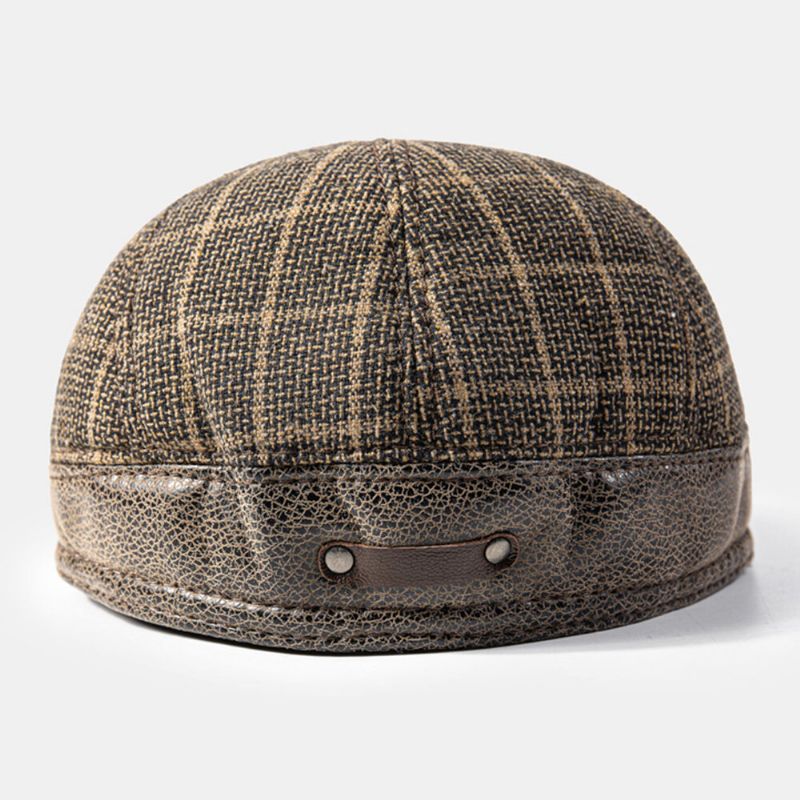 Hommes Oreillette Chapeau Coton Pu Patchwork Épaissi Intégré Protection Des Oreilles Chaleur Britannique Treillis Bérets Casquette Plate