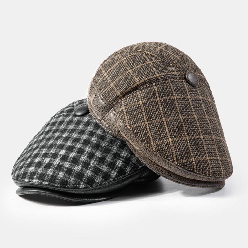 Hommes Oreillette Chapeau Coton Pu Patchwork Épaissi Intégré Protection Des Oreilles Chaleur Britannique Treillis Bérets Casquette Plate