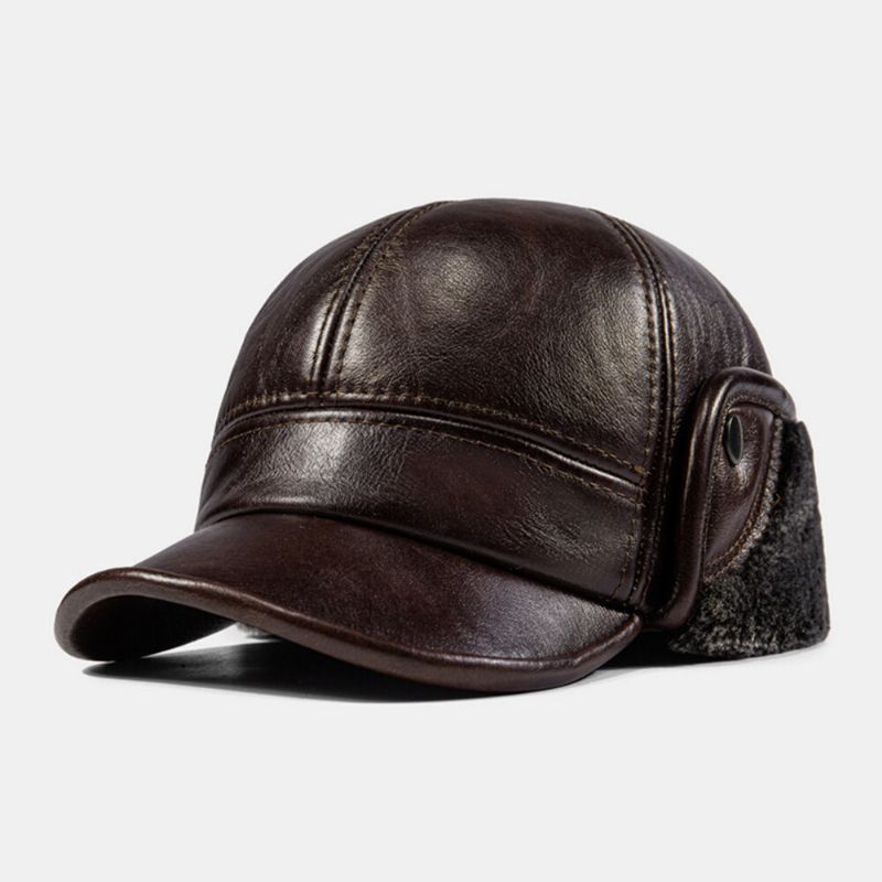 Hommes Oreillette Chapeau Peau De Vache Épaissi Chaud Hiver Protection Des Oreilles Coupe-vent Casquette De Baseball