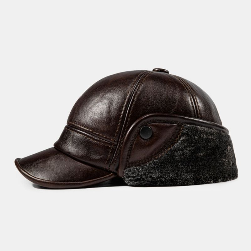 Hommes Oreillette Chapeau Peau De Vache Épaissi Chaud Hiver Protection Des Oreilles Coupe-vent Casquette De Baseball