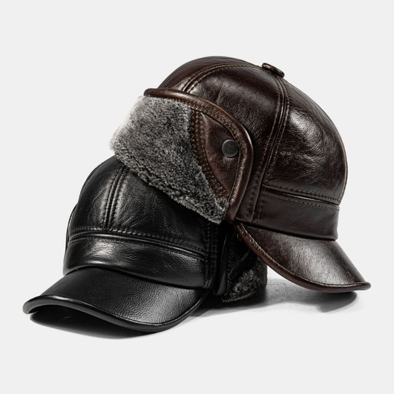 Hommes Oreillette Chapeau Peau De Vache Épaissi Chaud Hiver Protection Des Oreilles Coupe-vent Casquette De Baseball