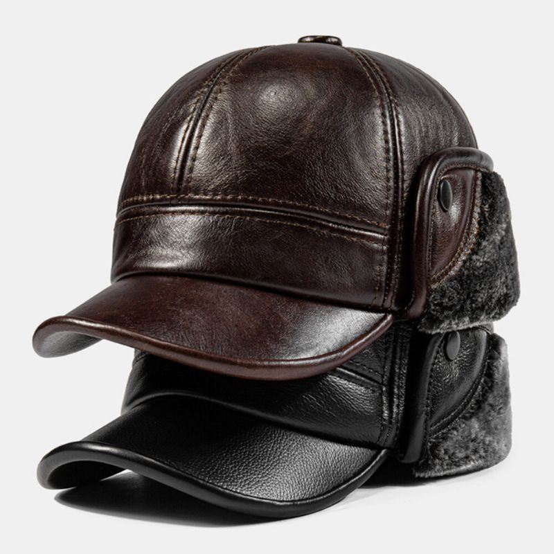 Hommes Oreillette Chapeau Peau De Vache Épaissi Chaud Hiver Protection Des Oreilles Coupe-vent Casquette De Baseball