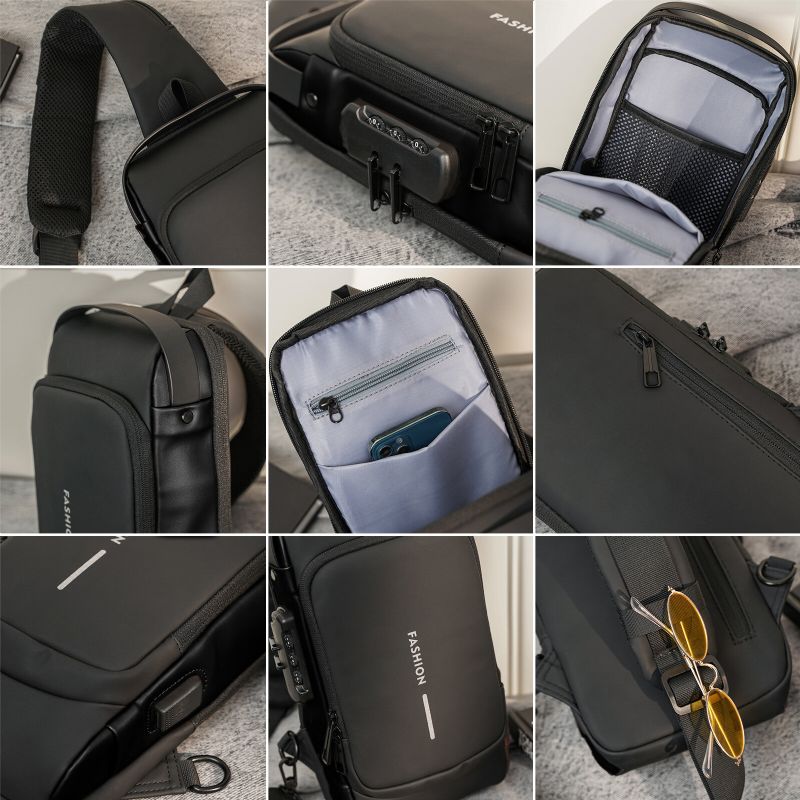 Hommes Oxford Tissu Antivol Serrure Grande Capacité Usb Charge Multifonctionnel Décontracté Sac De Messager Sac De Poitrine