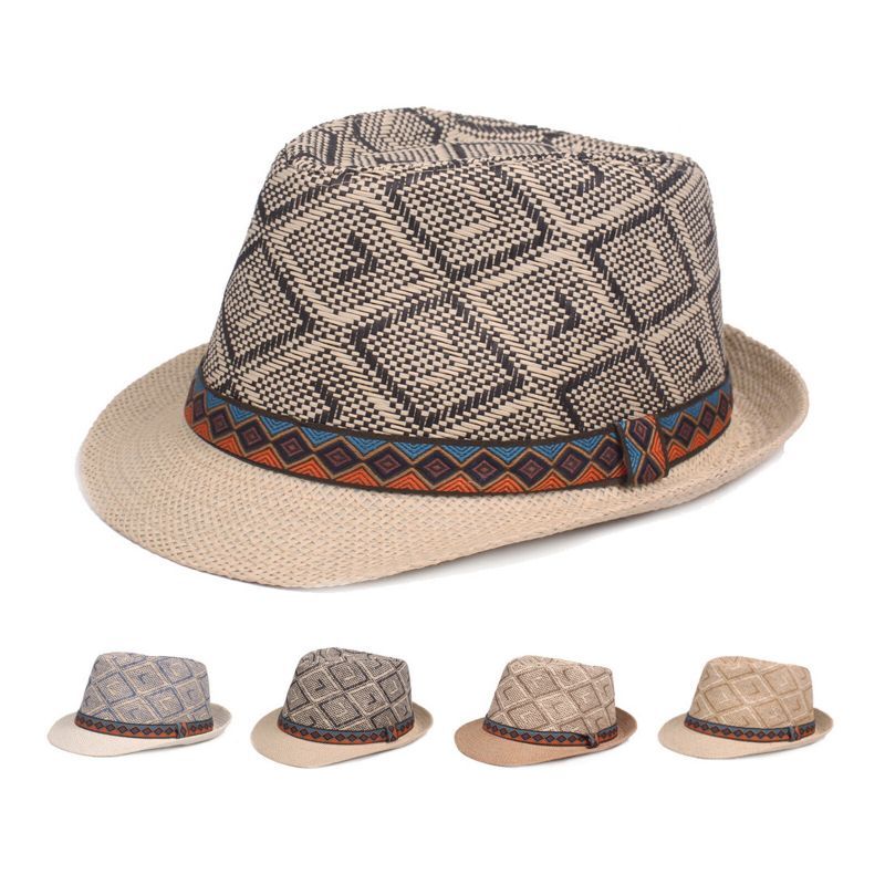 Hommes Paille Casual Vintage Ethnic Pattern All-match Parasol Top Hats Flat Hats