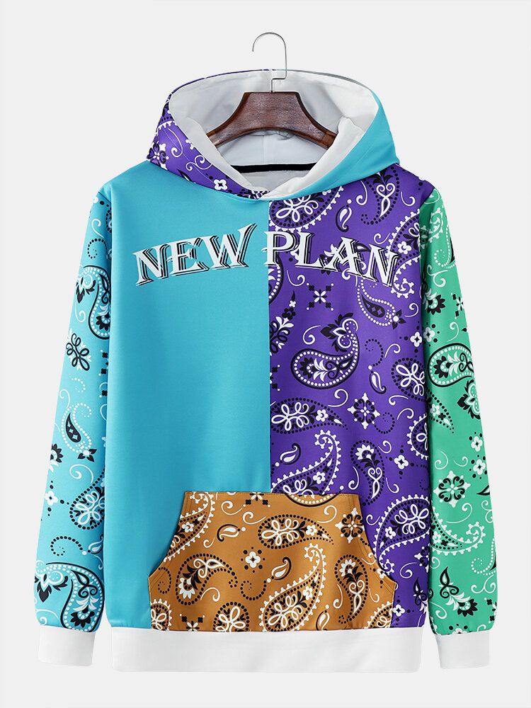 Hommes Paisley Patchwork Contraste Couleur Kangourou Poche Lettre Sweat À Capuche