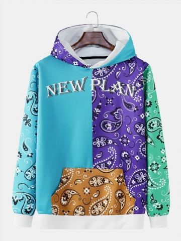 Hommes Paisley Patchwork Contraste Couleur Kangourou Poche Lettre Sweat À Capuche