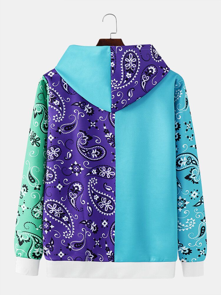 Hommes Paisley Patchwork Contraste Couleur Kangourou Poche Lettre Sweat À Capuche