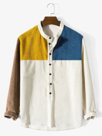 Hommes Patchwork Contraste Couleur Bloc Manches Longues Col Montant Boutons Henley Chemises