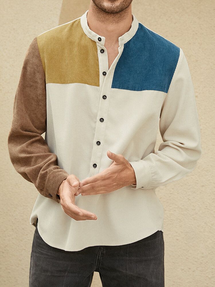 Hommes Patchwork Contraste Couleur Bloc Manches Longues Col Montant Boutons Henley Chemises