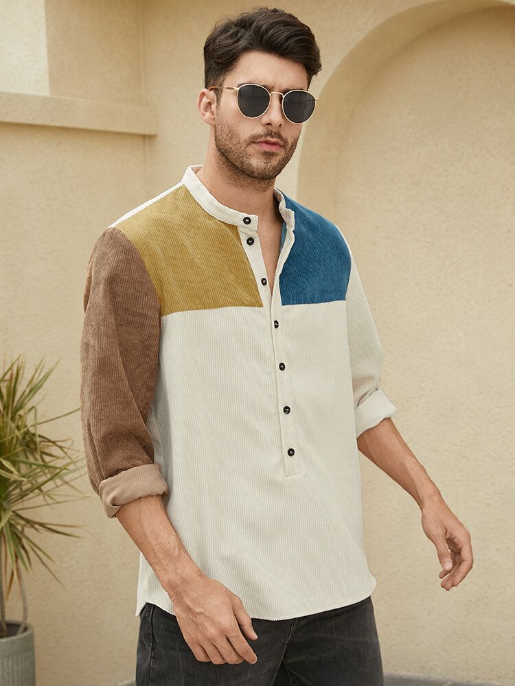 Hommes Patchwork Contraste Couleur Bloc Manches Longues Col Montant Boutons Henley Chemises