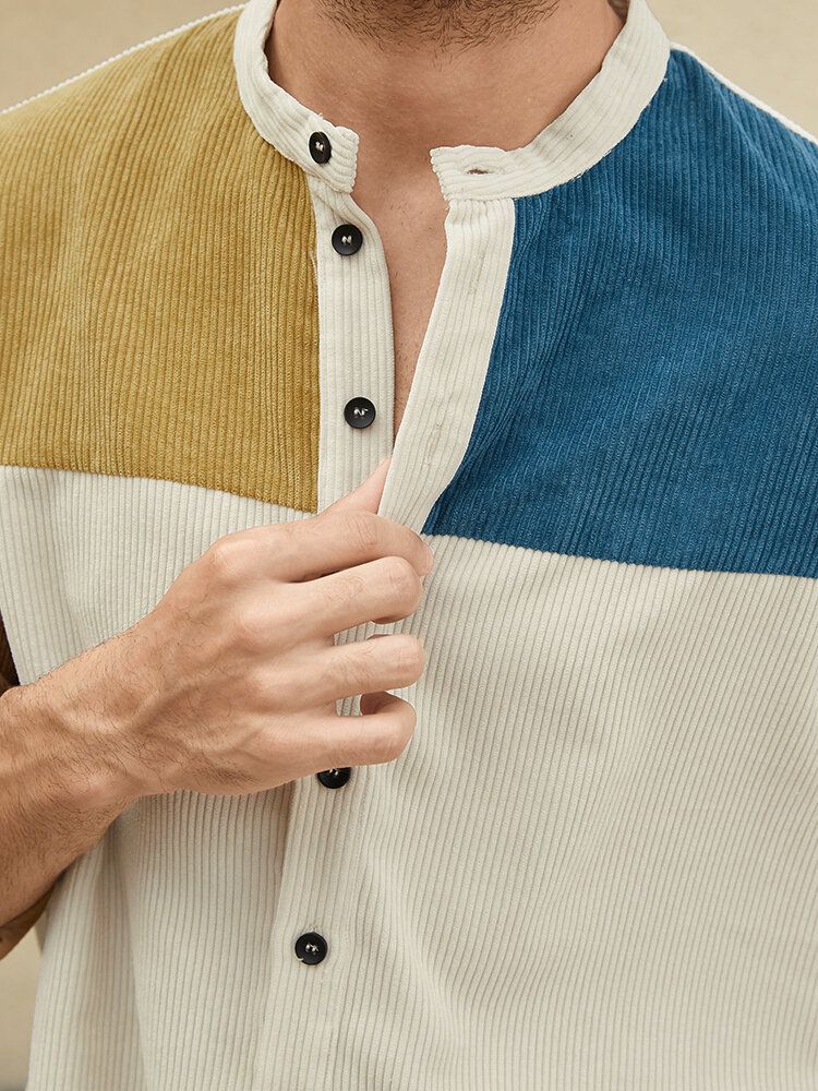 Hommes Patchwork Contraste Couleur Bloc Manches Longues Col Montant Boutons Henley Chemises