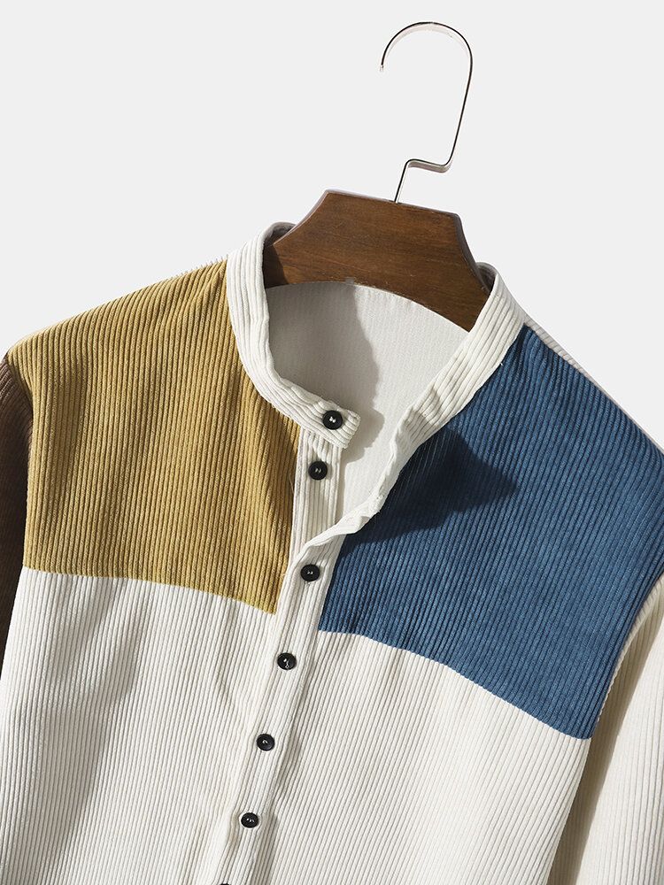 Hommes Patchwork Contraste Couleur Bloc Manches Longues Col Montant Boutons Henley Chemises