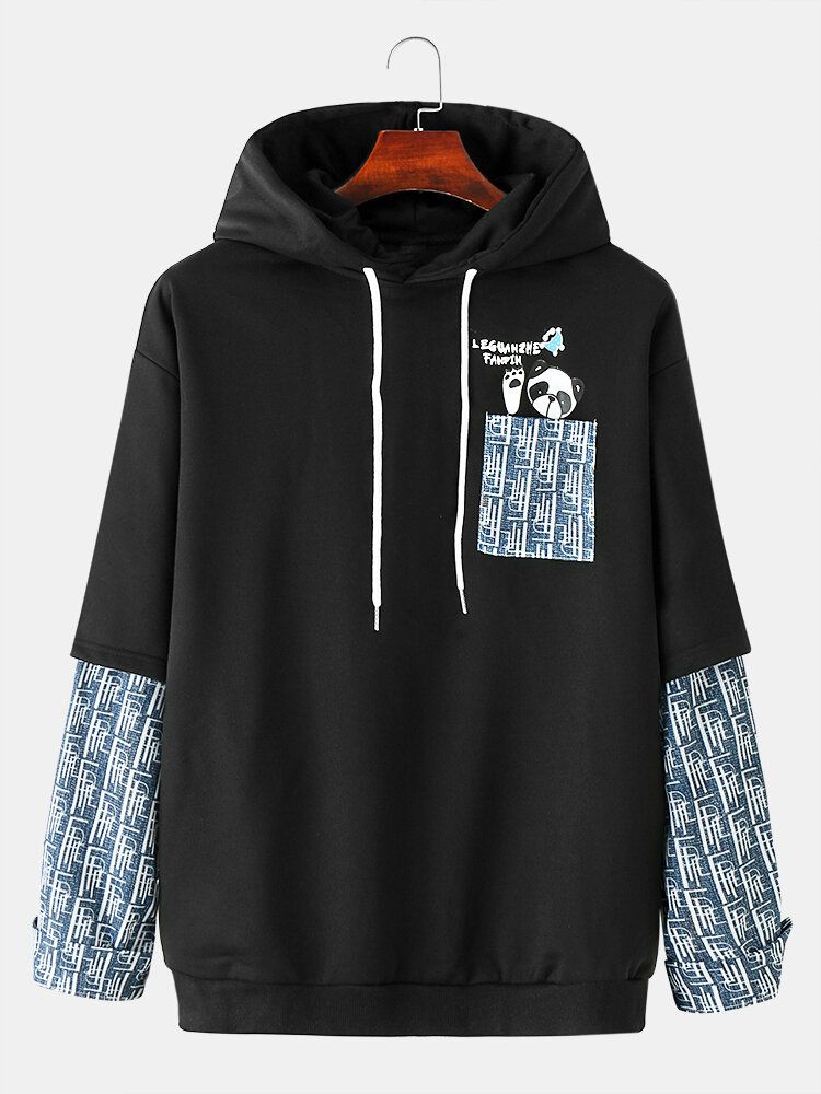 Hommes Patchwork Faked Deux Panda Lettre Poche Preppy Sweat À Capuche