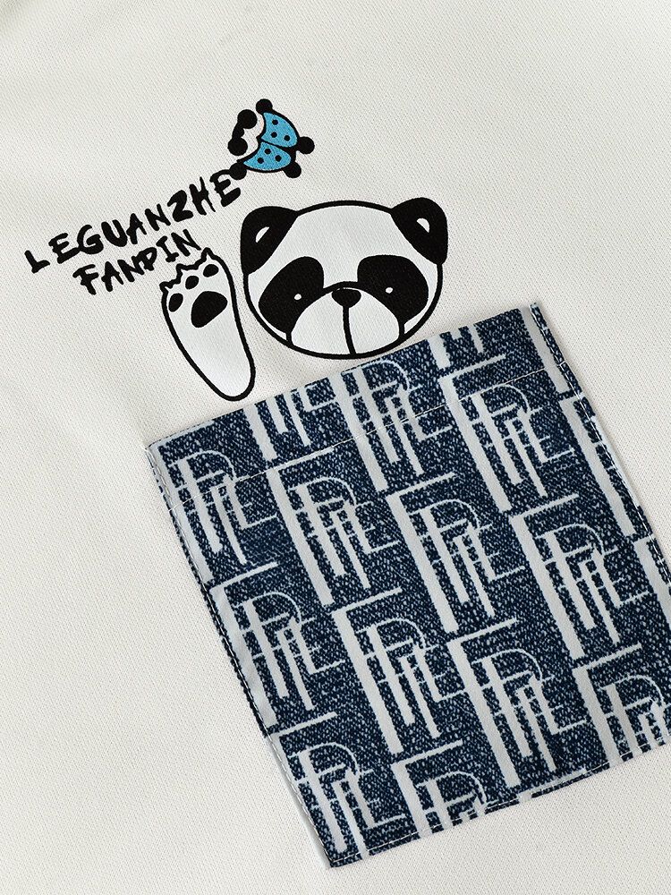 Hommes Patchwork Faked Deux Panda Lettre Poche Preppy Sweat À Capuche