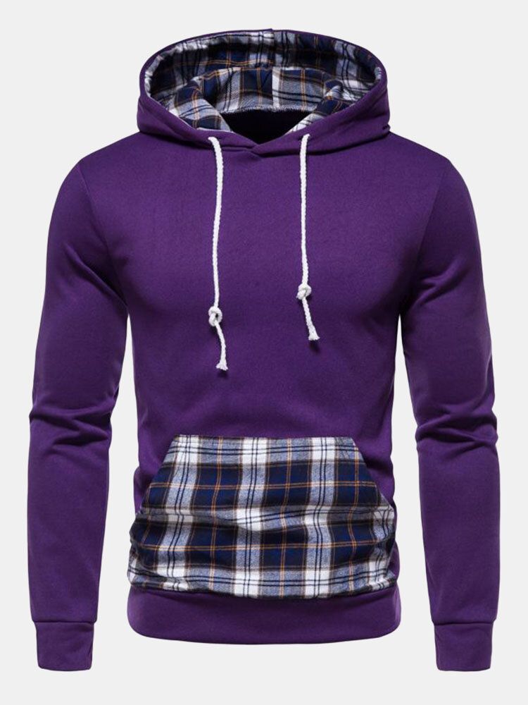 Hommes Patchwork Plaid Kangourou Poche Cordon Casual Sweat À Capuche