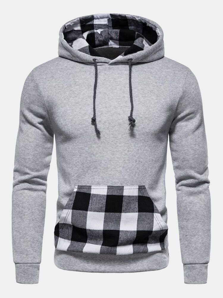 Hommes Patchwork Plaid Kangourou Poche Cordon Casual Sweat À Capuche