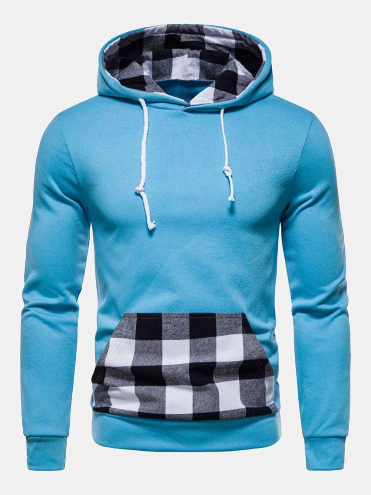 Hommes Patchwork Plaid Kangourou Poche Cordon Casual Sweat À Capuche