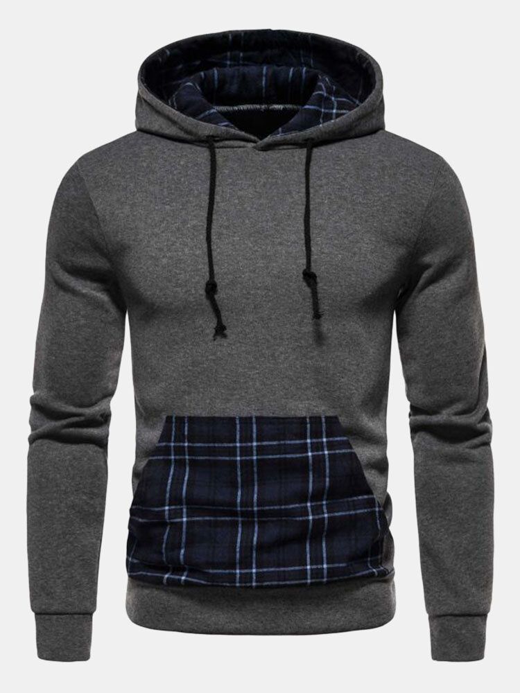 Hommes Patchwork Plaid Kangourou Poche Cordon Casual Sweat À Capuche