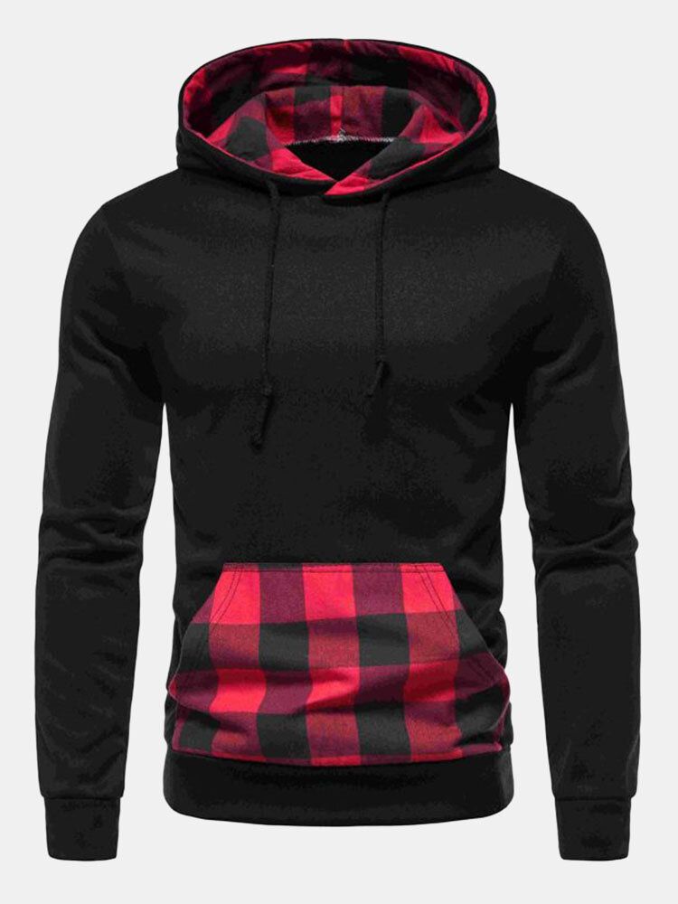 Hommes Patchwork Plaid Kangourou Poche Cordon Casual Sweat À Capuche