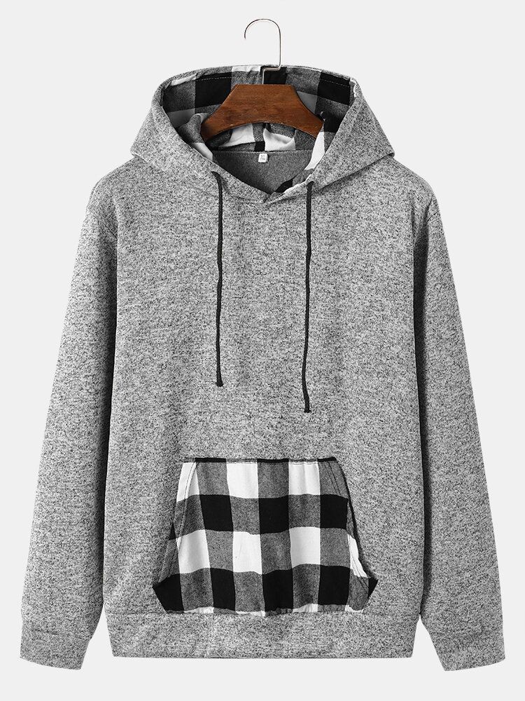 Hommes Patchwork Plaid Kangourou Poche Cordon Casual Sweat À Capuche