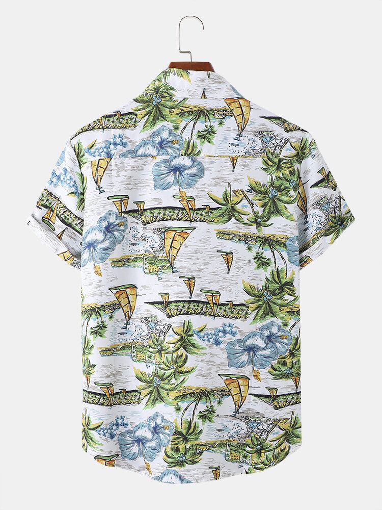 Hommes Paysage Bateau Arbre Motif Manches Courtes Style Hawaï Chemises Élégantes