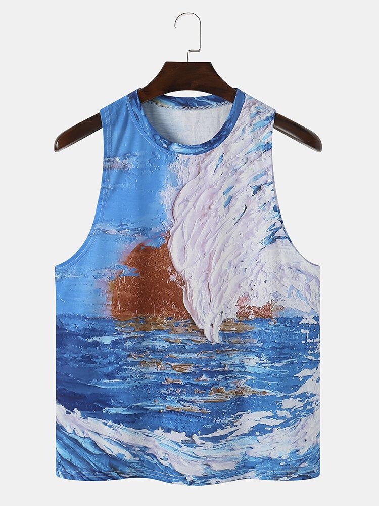 Hommes Paysage Imprimé Art Style O Cou Sans Manches Cool Top