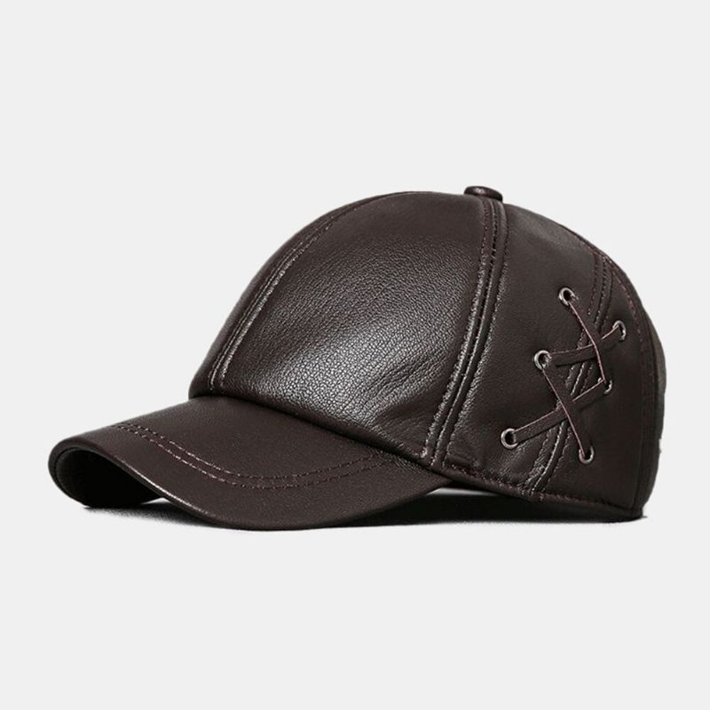 Hommes En Peau De Mouton Couleur Unie Patchwork Côté Sangle Croisée Décoration Extérieure Décontracté Chaleur Casquette De Baseball