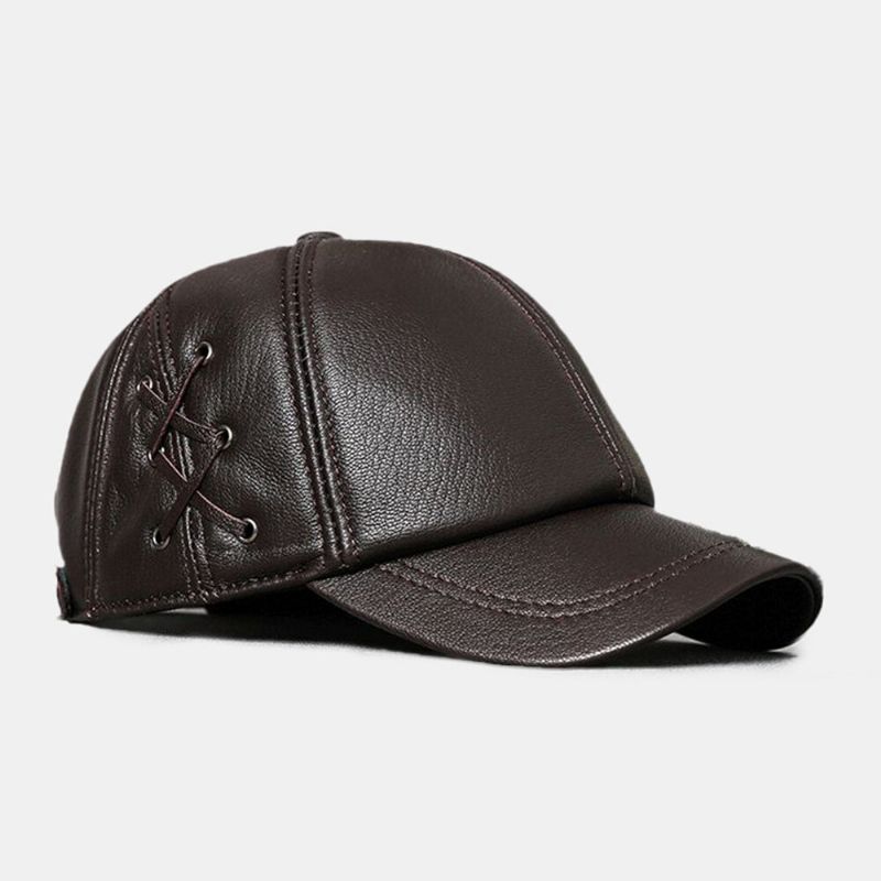 Hommes En Peau De Mouton Couleur Unie Patchwork Côté Sangle Croisée Décoration Extérieure Décontracté Chaleur Casquette De Baseball