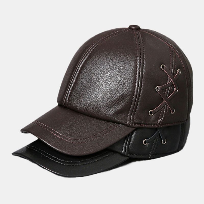 Hommes En Peau De Mouton Couleur Unie Patchwork Côté Sangle Croisée Décoration Extérieure Décontracté Chaleur Casquette De Baseball