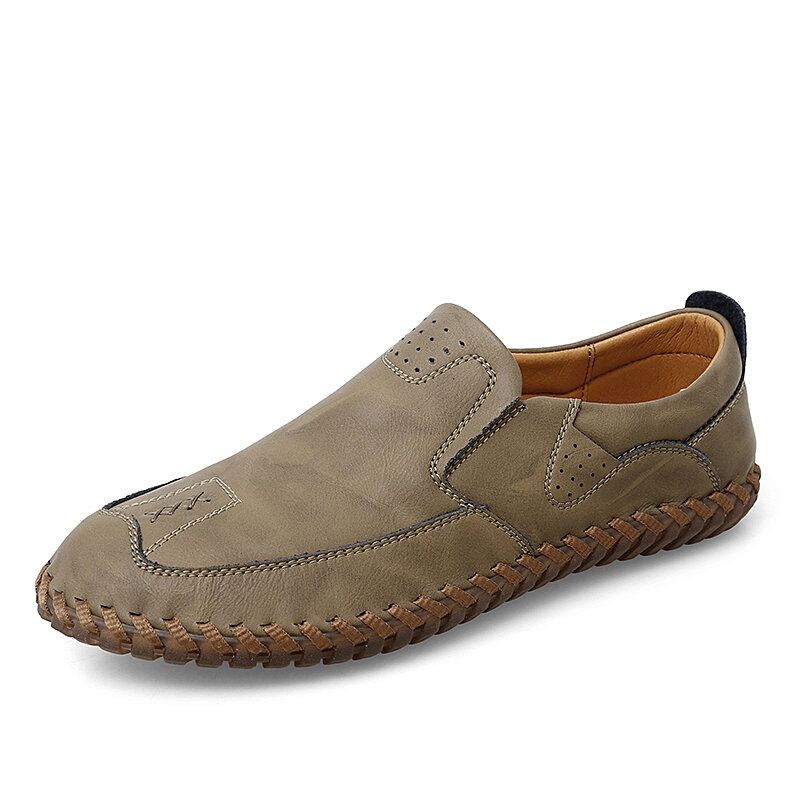 Hommes Peau De Vache Couture À La Main Respirant Évider Semelle Souple Slip Solide Chaussures Décontractées