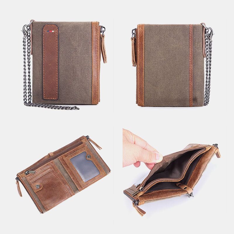 Hommes Peau De Vache Huile Cire Toile Patchwork Rfid Anti-magnétique Porte-cartes Pliant Court Double Fermeture Éclair Porte-monnaie Portefeuille