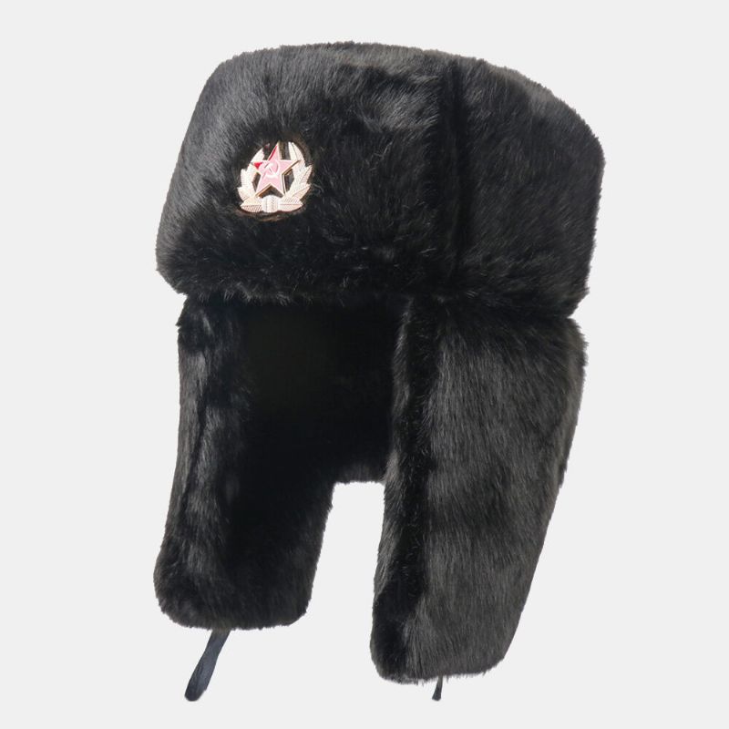 Hommes En Peluche Métal Badge Chaud Coupe-vent Oreille Protection Trappeur Chapeau Hiver Extérieur Résistant Au Froid Ushanka Chapeau