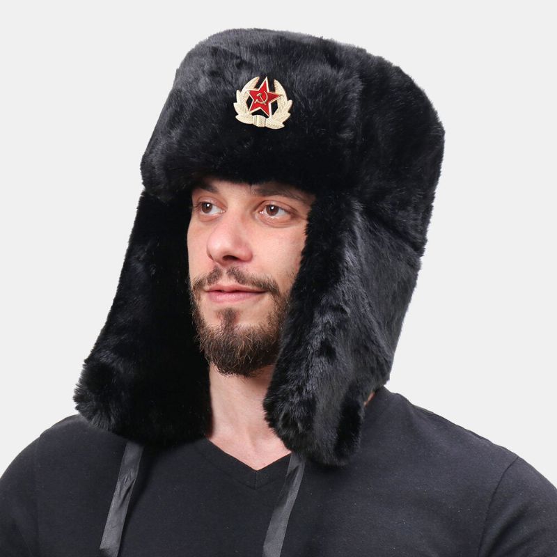 Hommes En Peluche Métal Badge Chaud Coupe-vent Oreille Protection Trappeur Chapeau Hiver Extérieur Résistant Au Froid Ushanka Chapeau