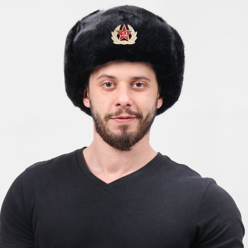 Hommes En Peluche Métal Badge Chaud Coupe-vent Oreille Protection Trappeur Chapeau Hiver Extérieur Résistant Au Froid Ushanka Chapeau