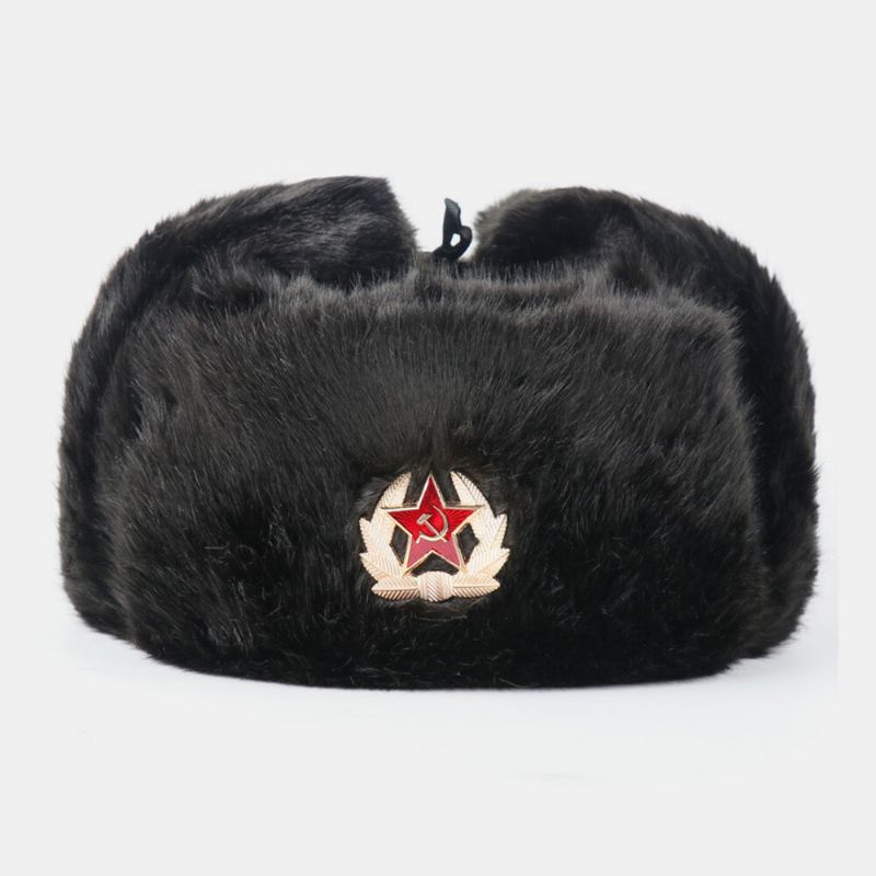 Hommes En Peluche Métal Badge Chaud Coupe-vent Oreille Protection Trappeur Chapeau Hiver Extérieur Résistant Au Froid Ushanka Chapeau