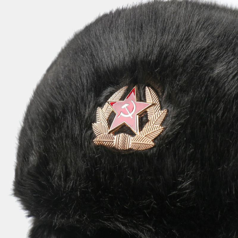 Hommes En Peluche Métal Badge Chaud Coupe-vent Oreille Protection Trappeur Chapeau Hiver Extérieur Résistant Au Froid Ushanka Chapeau