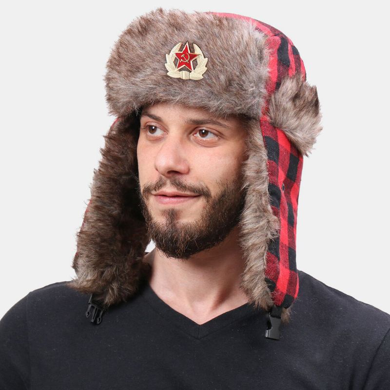 Hommes En Peluche Plaid Insigne Soviétique Coupe-vent Imperméable Ushanka Chapeau Sport De Plein Air Épaissir Protection Des Oreilles Chaud Trappeur Chapeau