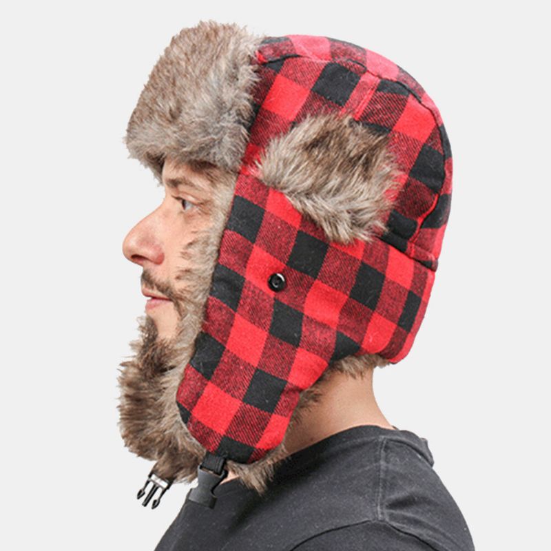 Hommes En Peluche Plaid Insigne Soviétique Coupe-vent Imperméable Ushanka Chapeau Sport De Plein Air Épaissir Protection Des Oreilles Chaud Trappeur Chapeau