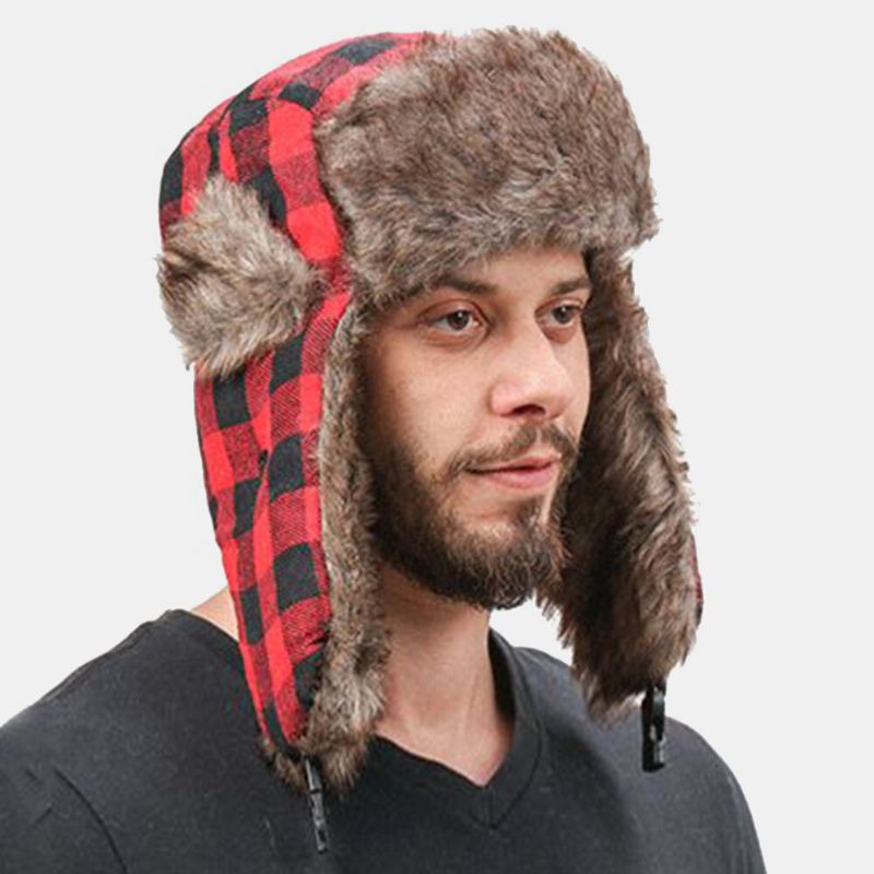 Hommes En Peluche Plaid Insigne Soviétique Coupe-vent Imperméable Ushanka Chapeau Sport De Plein Air Épaissir Protection Des Oreilles Chaud Trappeur Chapeau