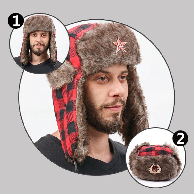 Hommes En Peluche Plaid Insigne Soviétique Coupe-vent Imperméable Ushanka Chapeau Sport De Plein Air Épaissir Protection Des Oreilles Chaud Trappeur Chapeau