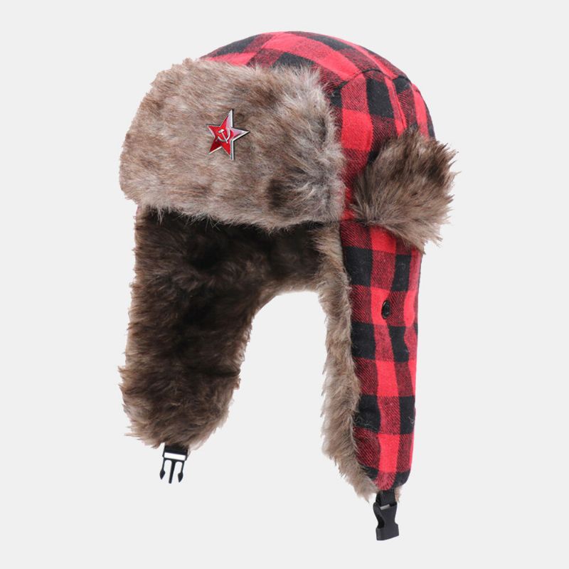 Hommes En Peluche Plaid Insigne Soviétique Coupe-vent Imperméable Ushanka Chapeau Sport De Plein Air Épaissir Protection Des Oreilles Chaud Trappeur Chapeau