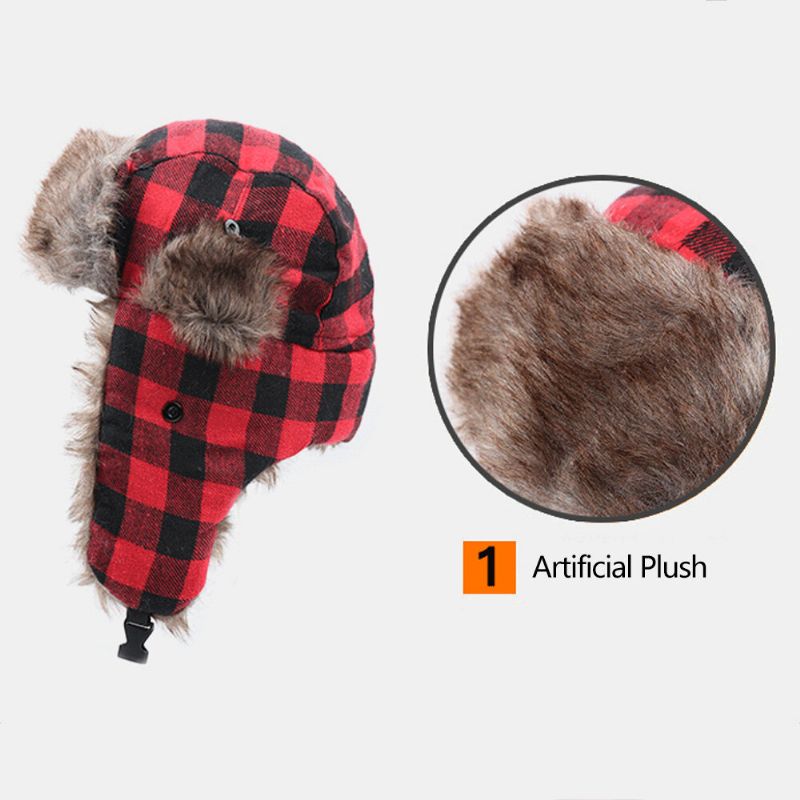 Hommes En Peluche Plaid Insigne Soviétique Coupe-vent Imperméable Ushanka Chapeau Sport De Plein Air Épaissir Protection Des Oreilles Chaud Trappeur Chapeau