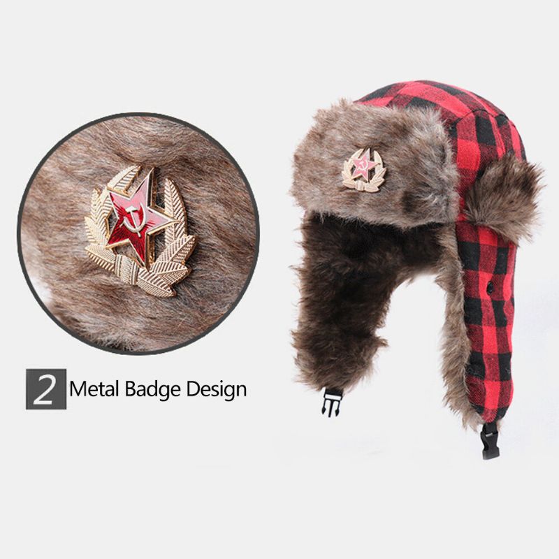 Hommes En Peluche Plaid Insigne Soviétique Coupe-vent Imperméable Ushanka Chapeau Sport De Plein Air Épaissir Protection Des Oreilles Chaud Trappeur Chapeau