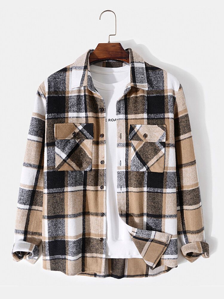 Hommes Plaid Double Poitrine Poches Bouton Up Revers Contraste Chemises Décontractées