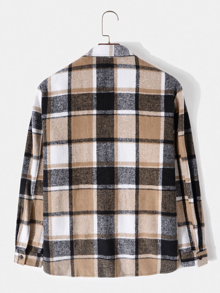 Hommes Plaid Double Poitrine Poches Bouton Up Revers Contraste Chemises Décontractées