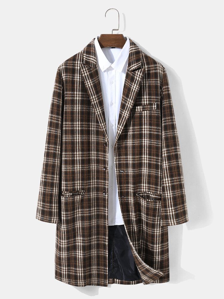 Hommes Plaid Laine Simple Boutonnage Col Plat Long Trench Poches Causal Manteaux