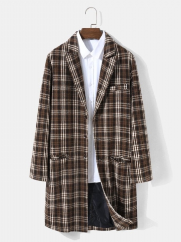 Hommes Plaid Laine Simple Boutonnage Col Plat Long Trench Poches Causal Manteaux