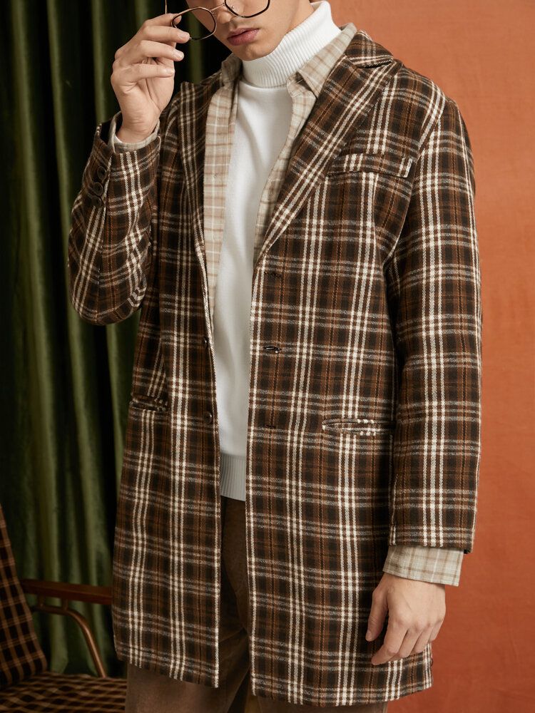 Hommes Plaid Laine Simple Boutonnage Col Plat Long Trench Poches Causal Manteaux